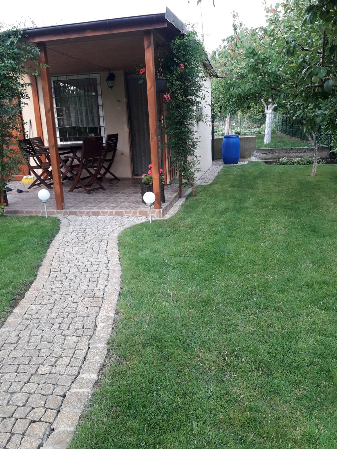 Kaskadowa ścieżka z jasnoszarej kostki granitowej prowadząca do zadaszonej werandy z drewnianymi meblami ogrodowymi, otoczona zielonym trawnikiem i drzewami owocowymi, w tle błękitny pojemnik...