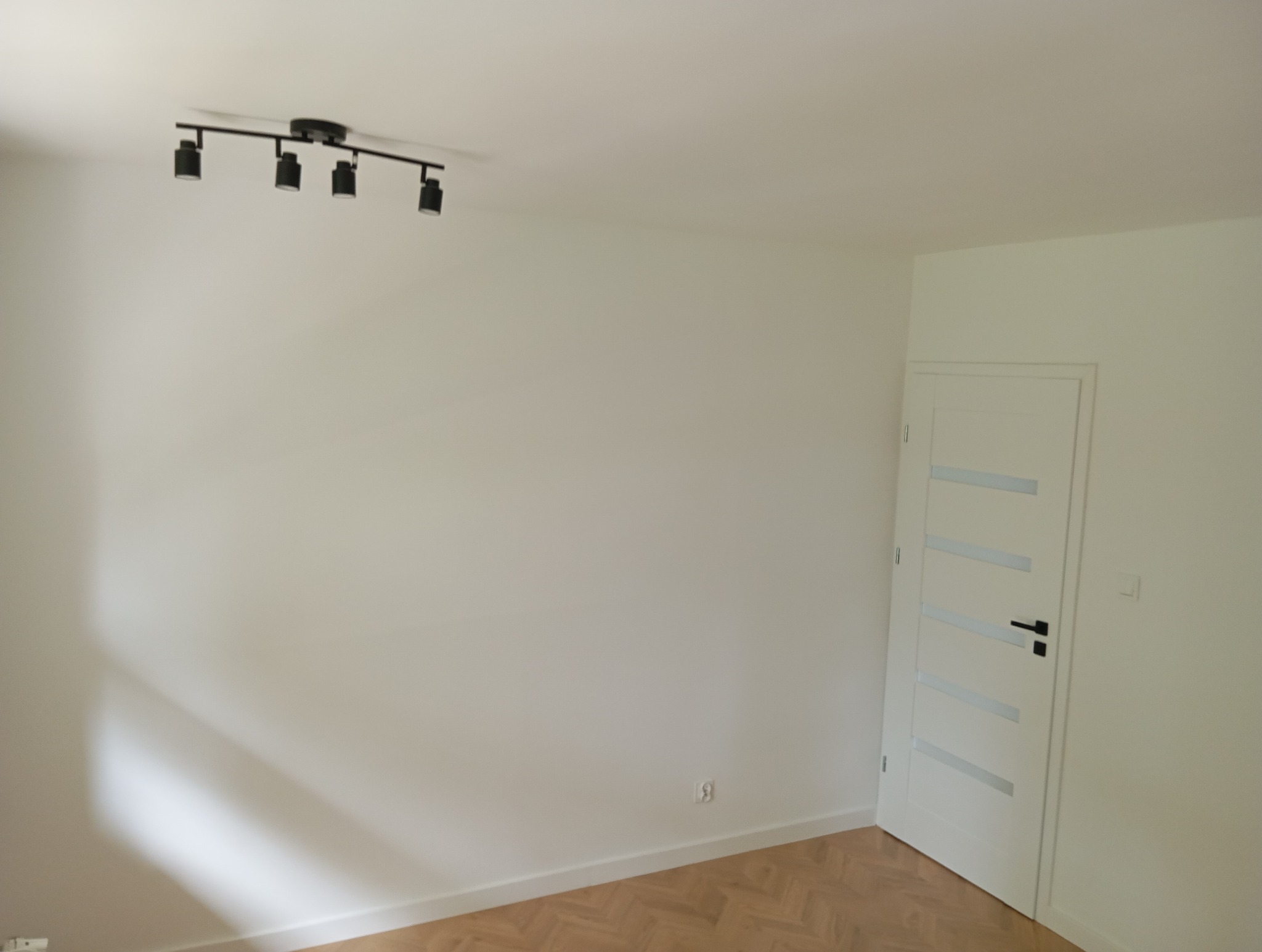 Pomalowane na biało wnętrze pokoju z parkietem ułożonym w jodełkę, z zamontowaną białą, nowoczesną stolarką drzwiową z czarną klamką i z czarnym oświetleniem sufitowym.