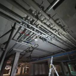 Skomplikowany system rur i przewodów pod betonowym stropem w surowym stanie, widoczna drabina aluminiowa i fragment otwartej przestrzeni.