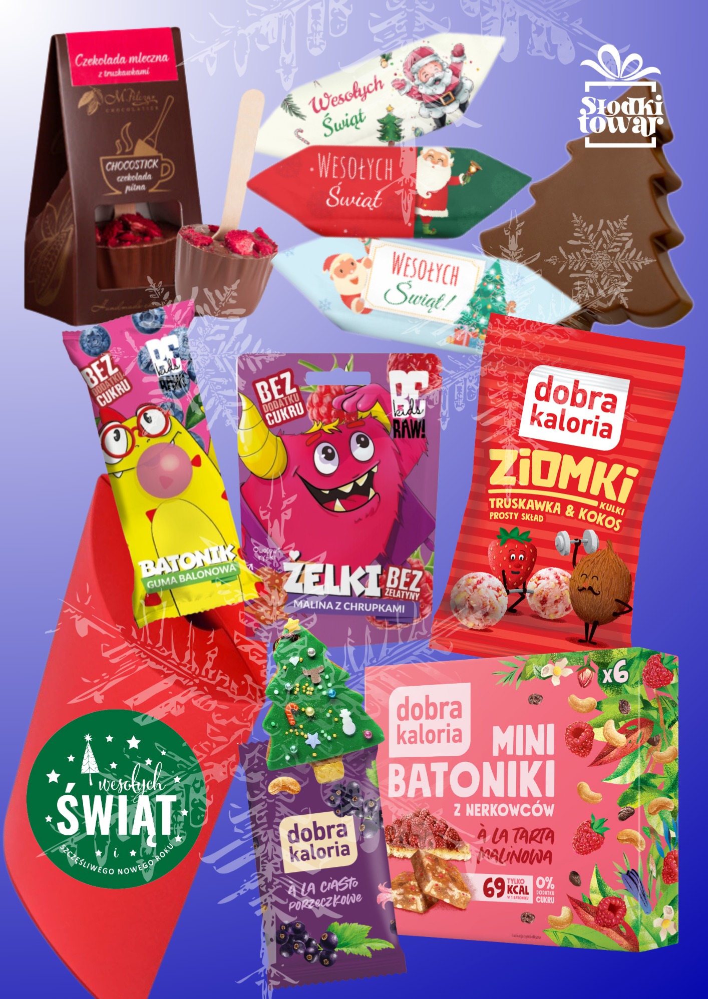 Zestaw słodyczy i przekąsek bez dodatku cukru, w tym czekolada mleczna z truskawkami, lizaki świąteczne, żelki malinowe z chrupkami, batony z gumą balonową i mini batoniki z nerkowców o smaku tarty...