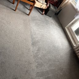 Michał Podolski - Szary dywan po czyszczeniu, widoczne jaśniejsze ślady po odkurzaczu piorącym, ustawiony pod kątem, widoczne meble w tle.