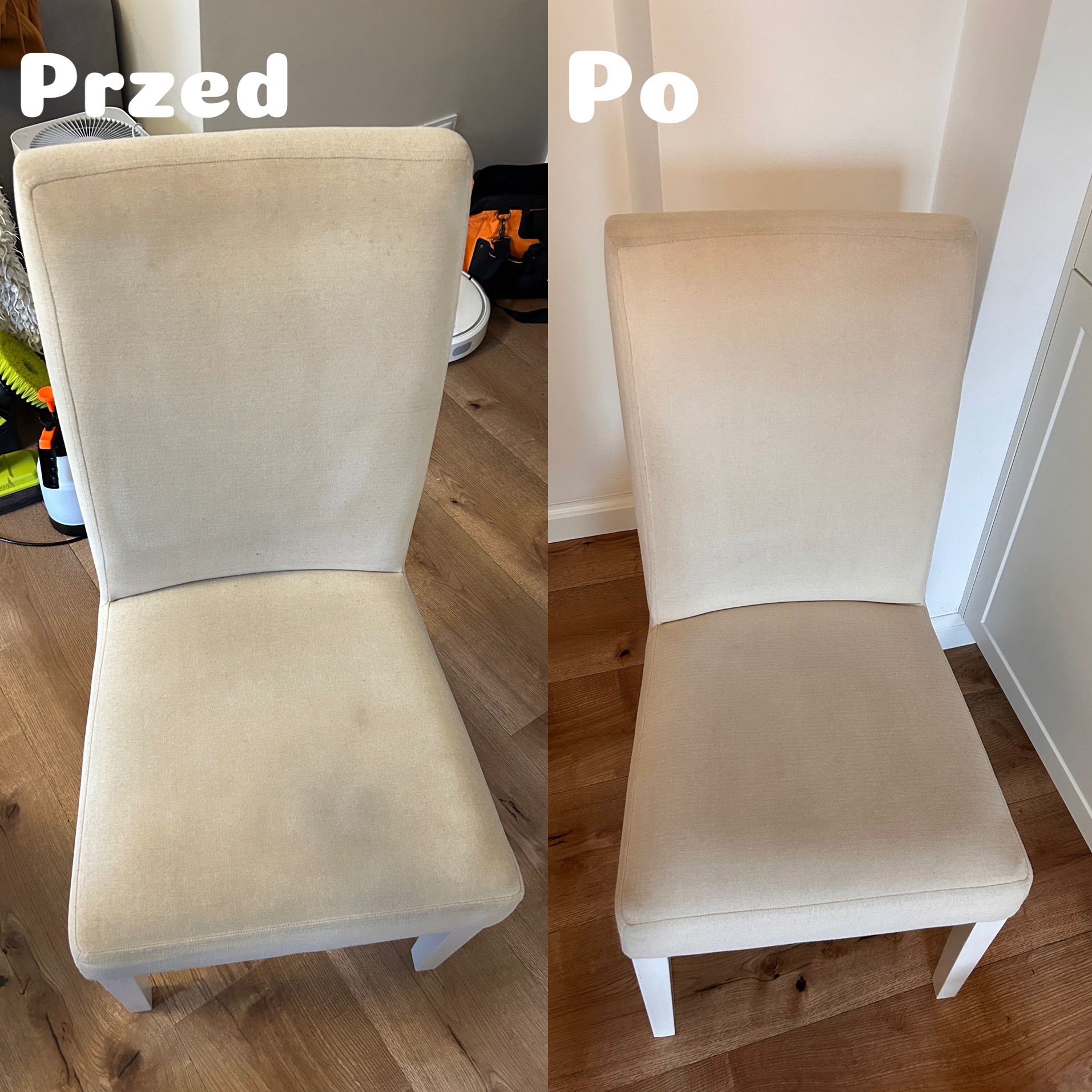 Krzesło tapicerowane beżową tkaniną, porównanie stanu przed i po czyszczeniu, widoczne różnice w czystości tapicerki.