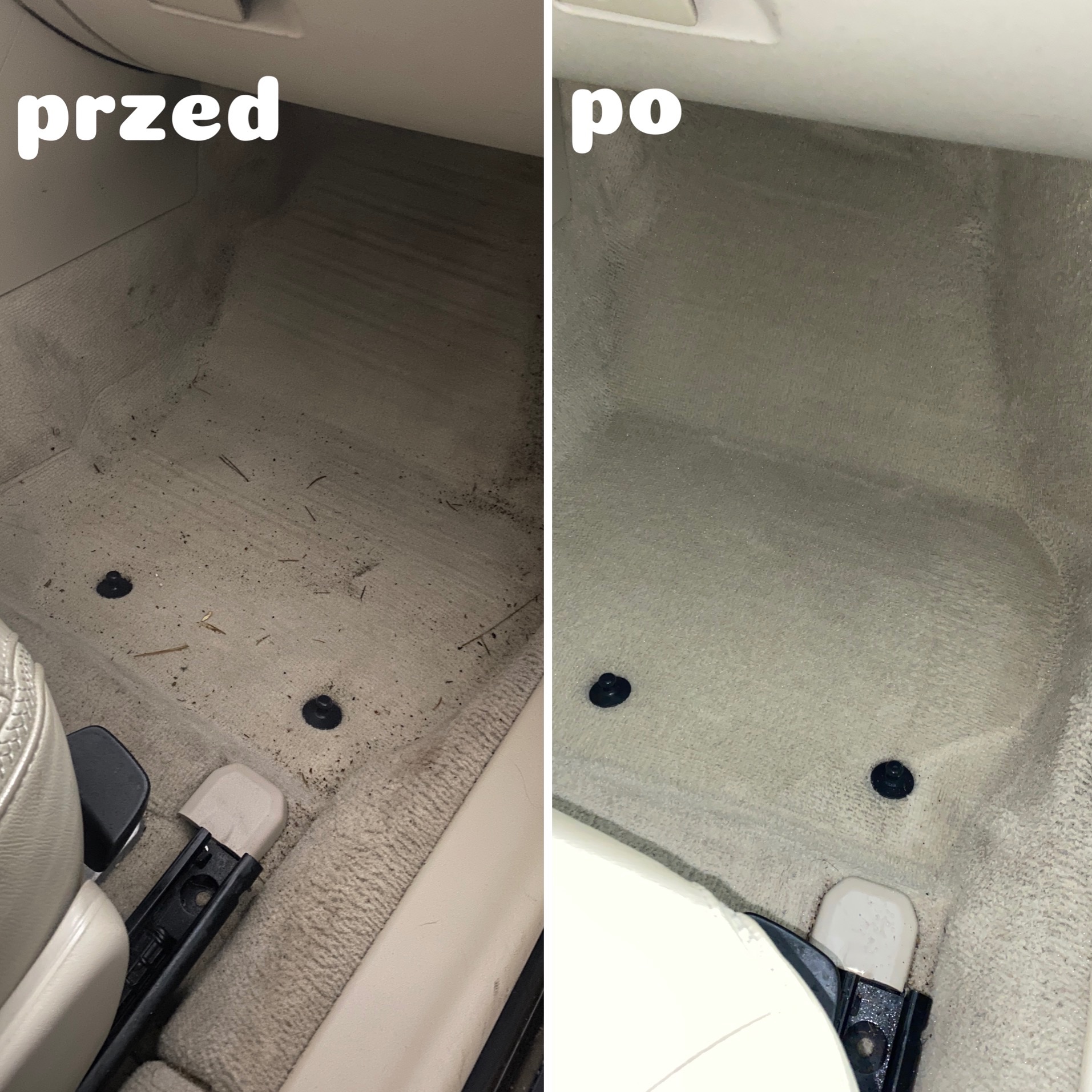 Porównanie stanu dywanika samochodowego przed i po czyszczeniu, widoczne różnice w kolorze i usunięte zabrudzenia.