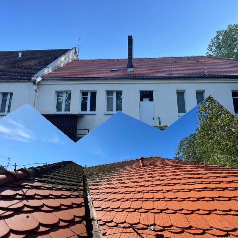 Częściowo wyczyszczony dach z czerwonej dachówki, widoczna różnica między czystą a zabrudzoną powierzchnią, biały budynek w tle.