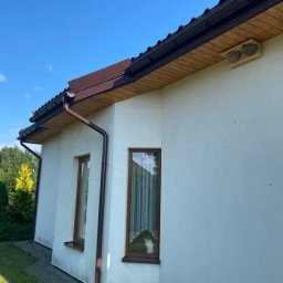 Michał Olechnowicz - Dom jednorodzinny z brązowymi rynnami i obróbkami blacharskimi, widok z zewnątrz, w oknie widoczny kot.