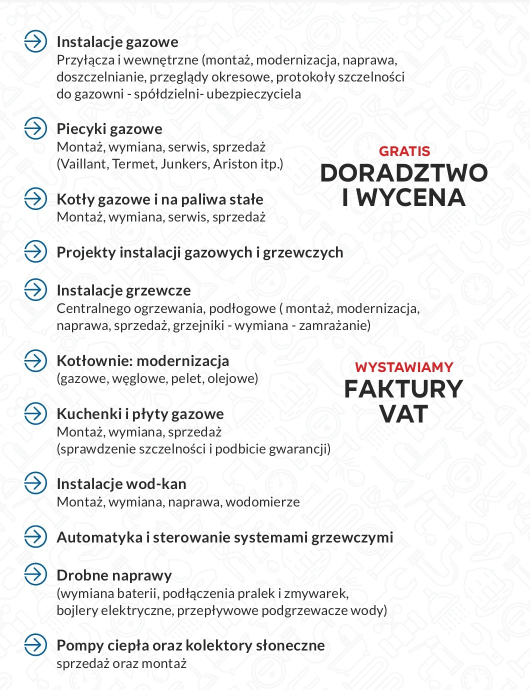 Grafika informacyjna z listą usług: instalacje gazowe i grzewcze, piece i kotły gazowe, kotłownie, kuchenki gazowe, instalacje wod-kan, automatyka grzewcza, drobne naprawy, pompy ciepła,...