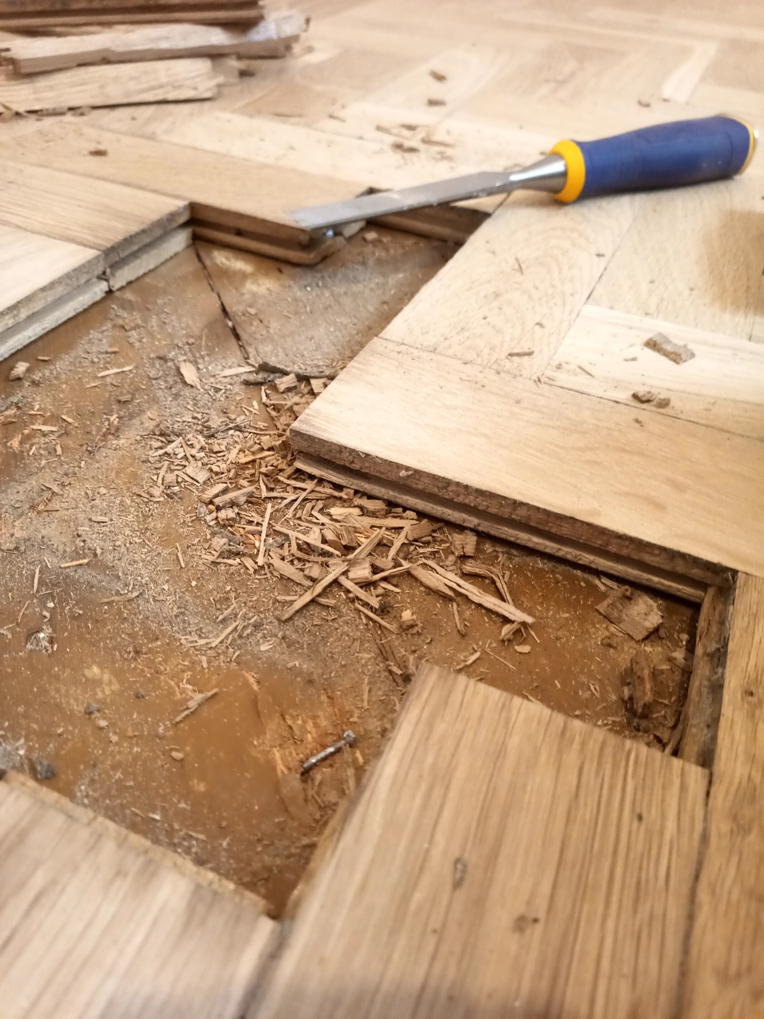 Fragment uszkodzonej drewnianej podłogi parkietowej w trakcie naprawy, widoczne odłamki drewna, szpachla z gwoździem i dłuto z niebieską rękojeścią.