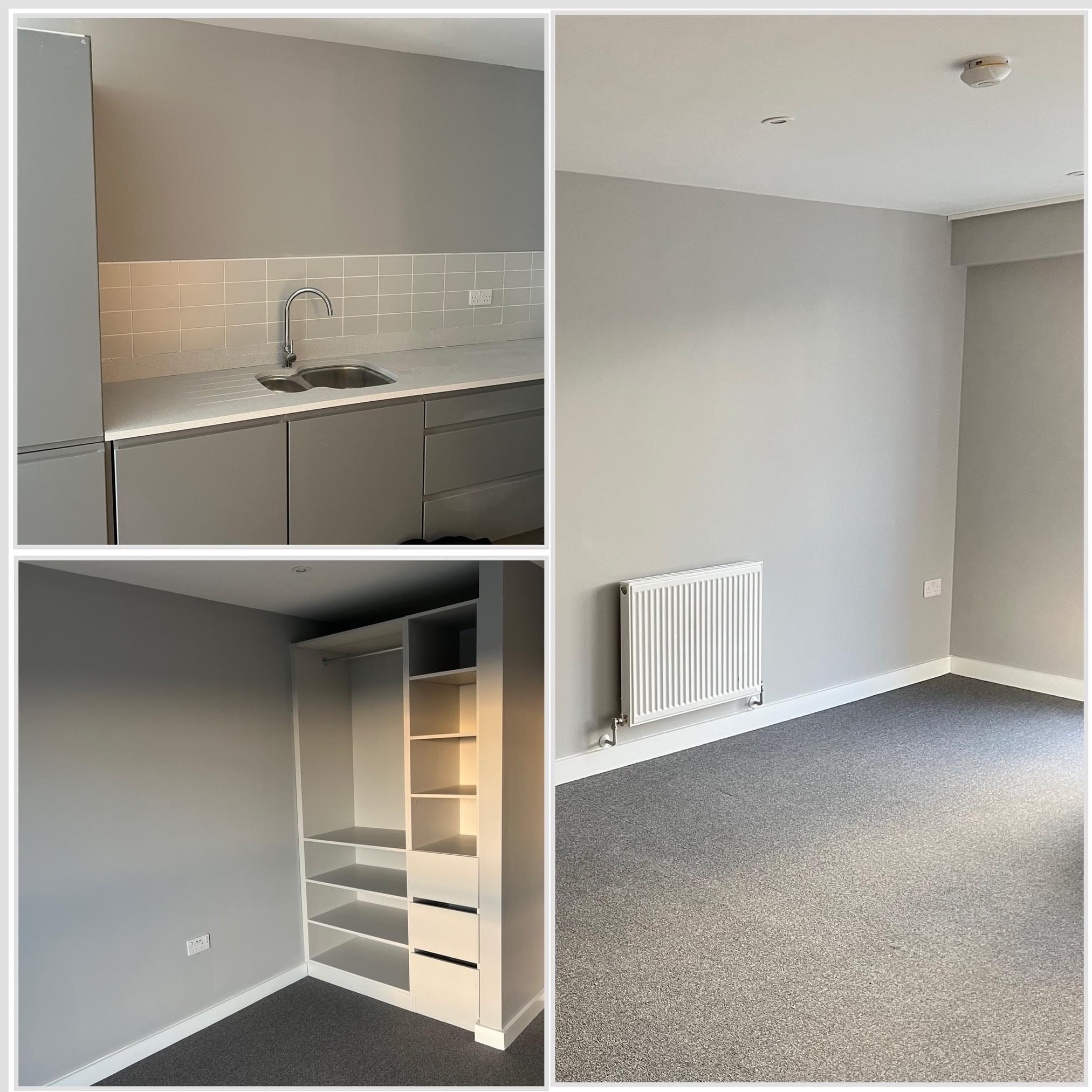 Kolaż przedstawiający wnętrze mieszkania po remoncie: szara kuchnia z płytkami, pokój z grzejnikiem i szarą podłogą oraz biała szafa wnękowa z półkami i szufladami.