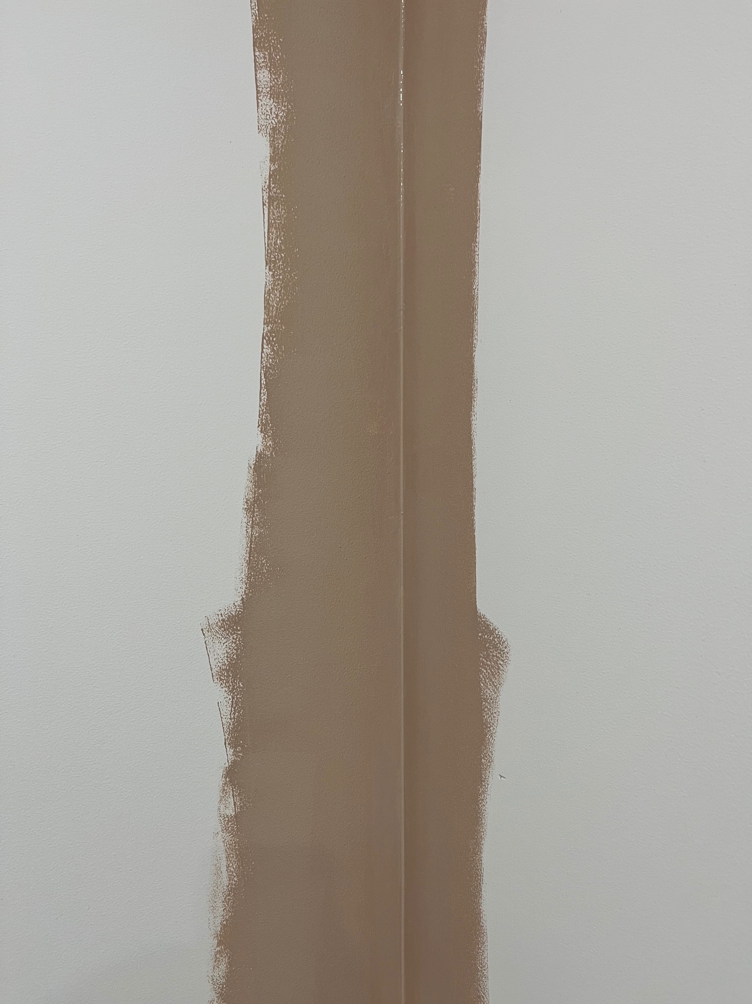 Świeżo pomalowany fragment ściany w odcieniach beżu, z widocznymi śladami pędzla, kontrastujący z białym tłem. Widoczna krawędź ściany.
