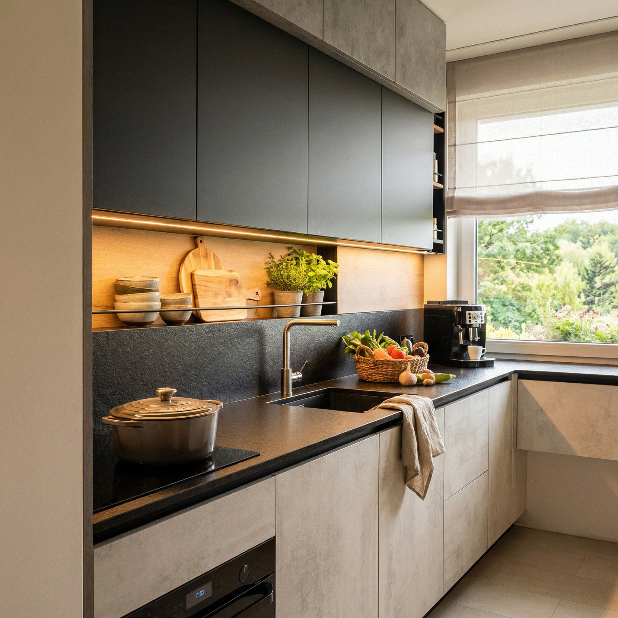 Nowoczesna kuchnia z czarnymi szafkami górnymi i jasnymi dolnymi, oświetleniem LED, kamiennym blatem i widokiem na zieleń za oknem. Na blacie naczynia i warzywa.