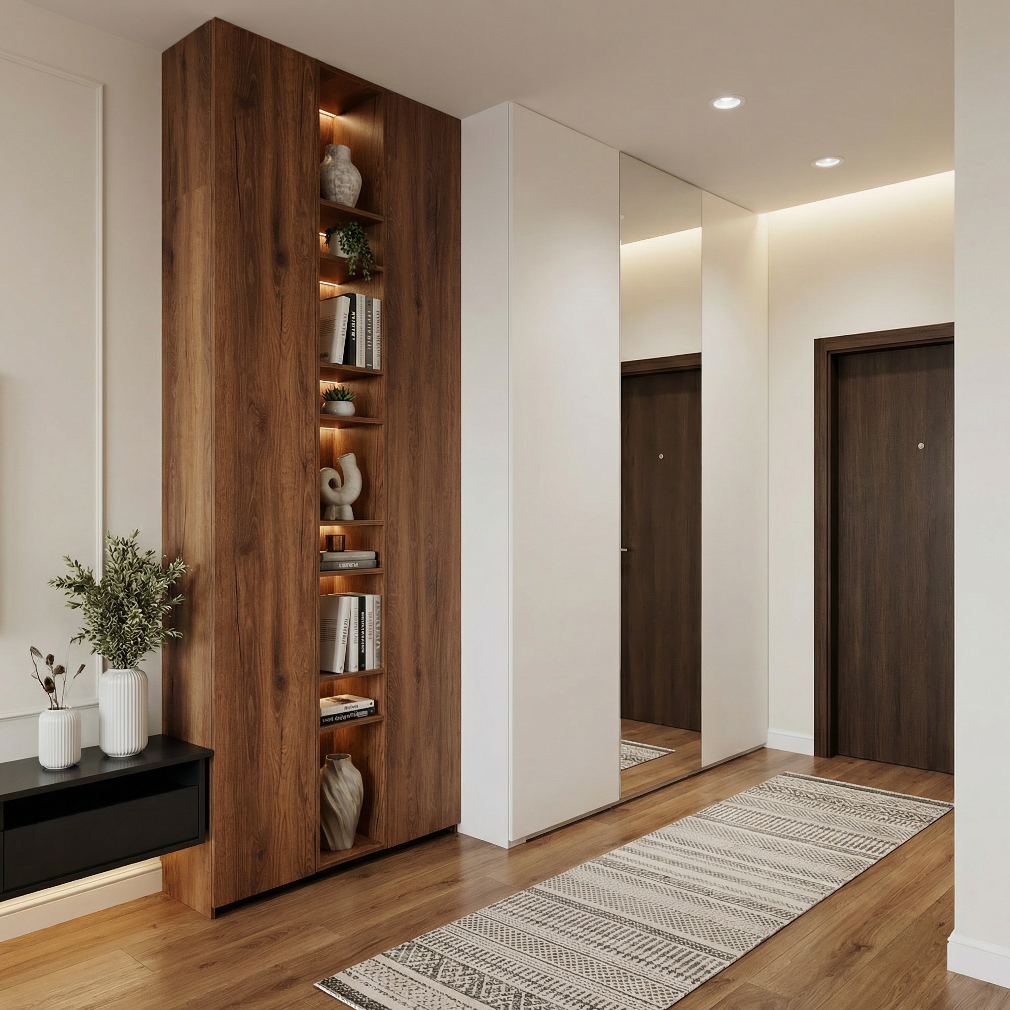 Nowoczesna szafa wnękowa z drewnianymi elementami i oświetleniem LED, wkomponowana w przedpokój z lustrzanymi drzwiami i drewnianą podłogą. Minimalistyczny design.