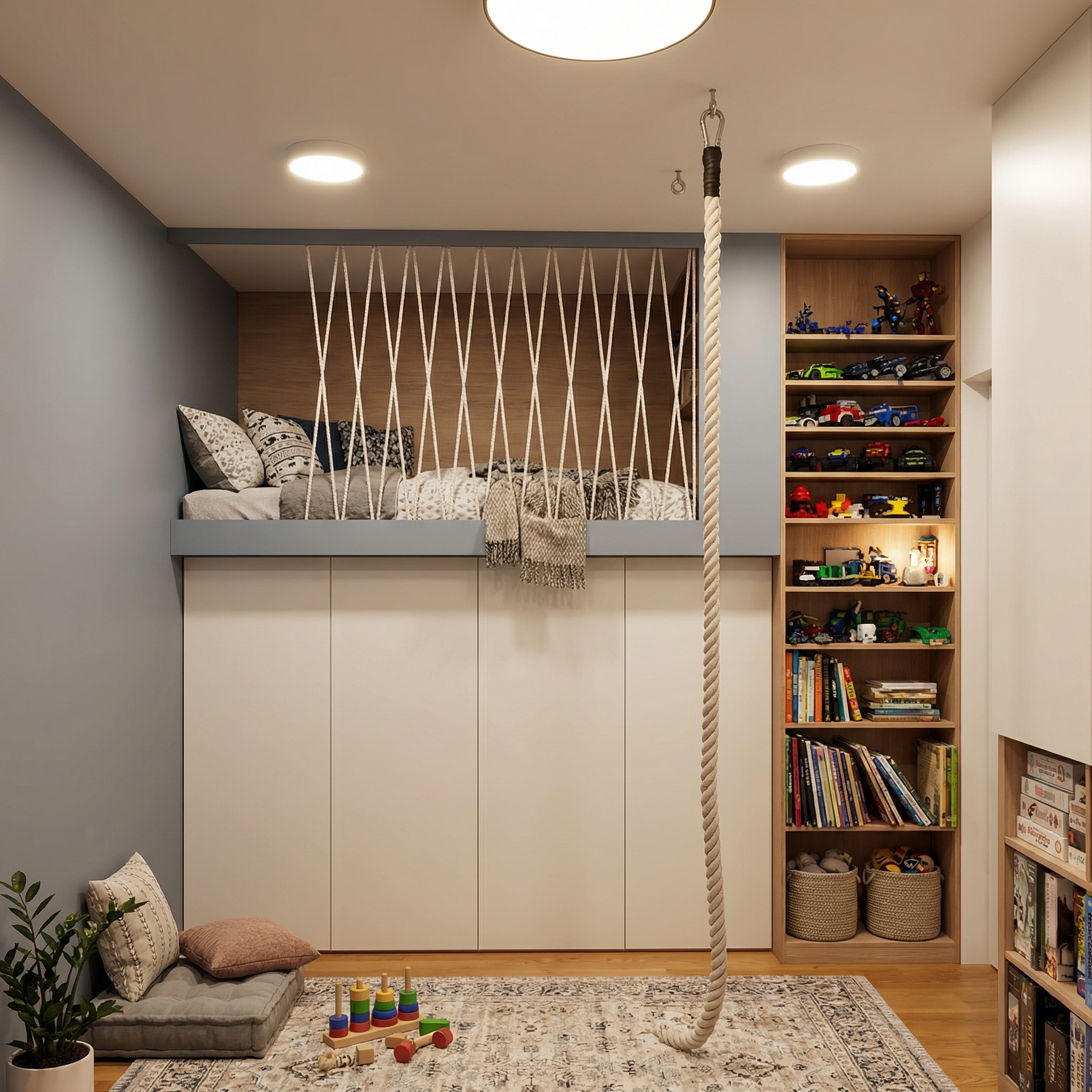 Pokój dziecięcy z antresolą do spania nad szafą, zabezpieczoną linami. Obok regał z zabawkami i książkami. Na podłodze mata do siedzenia i zabawki.