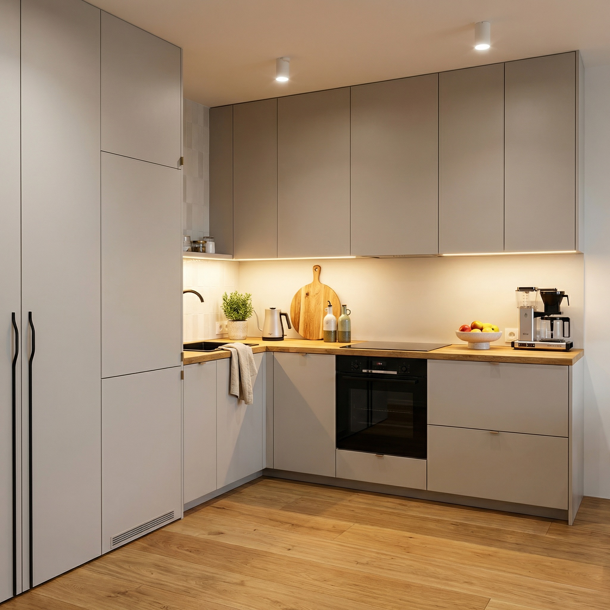 Nowoczesna kuchnia w odcieniach szarości z drewnianym blatem i oświetleniem LED, Kraków. Minimalistyczny design z elementami wyposażenia.
