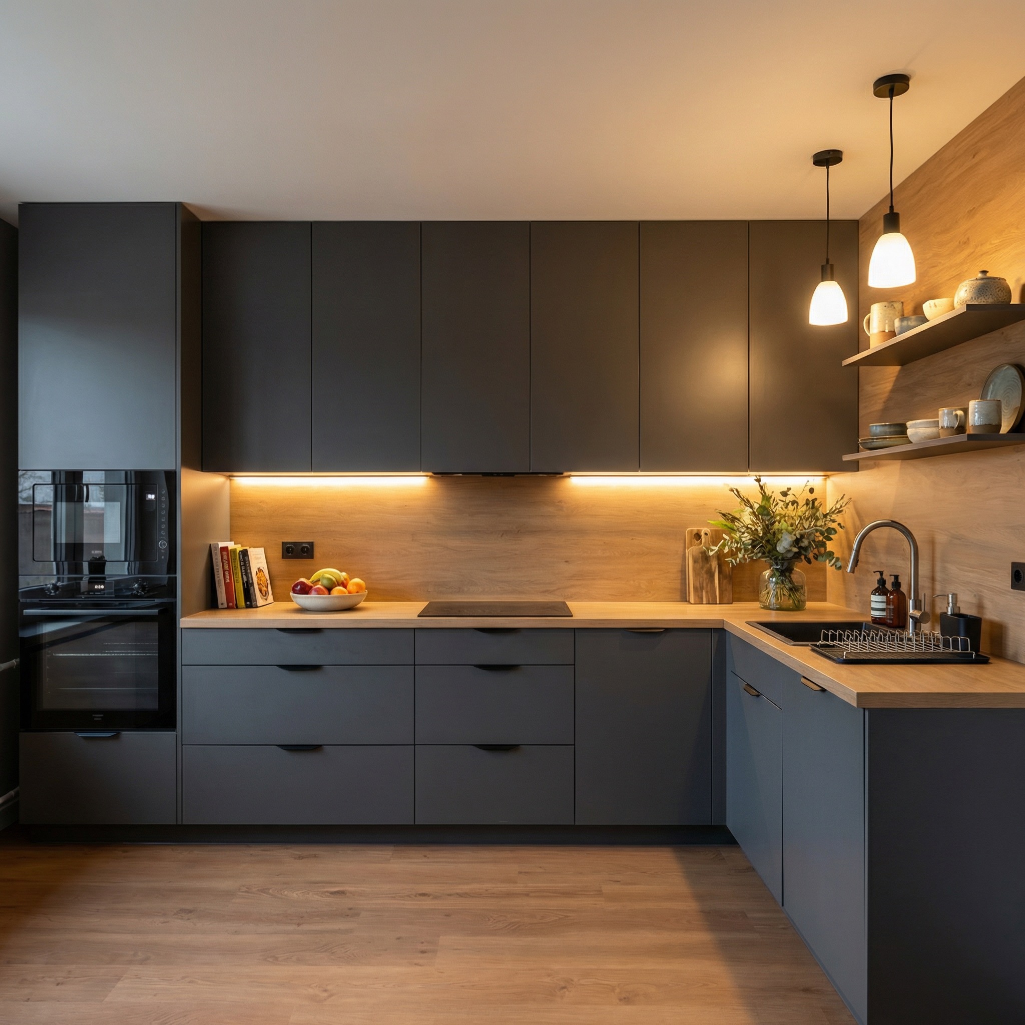Nowoczesna kuchnia z szarymi frontami, drewnianym blatem i oświetleniem LED. Uwagę przykuwają minimalistyczne uchwyty i drewniane wykończenie ściany.