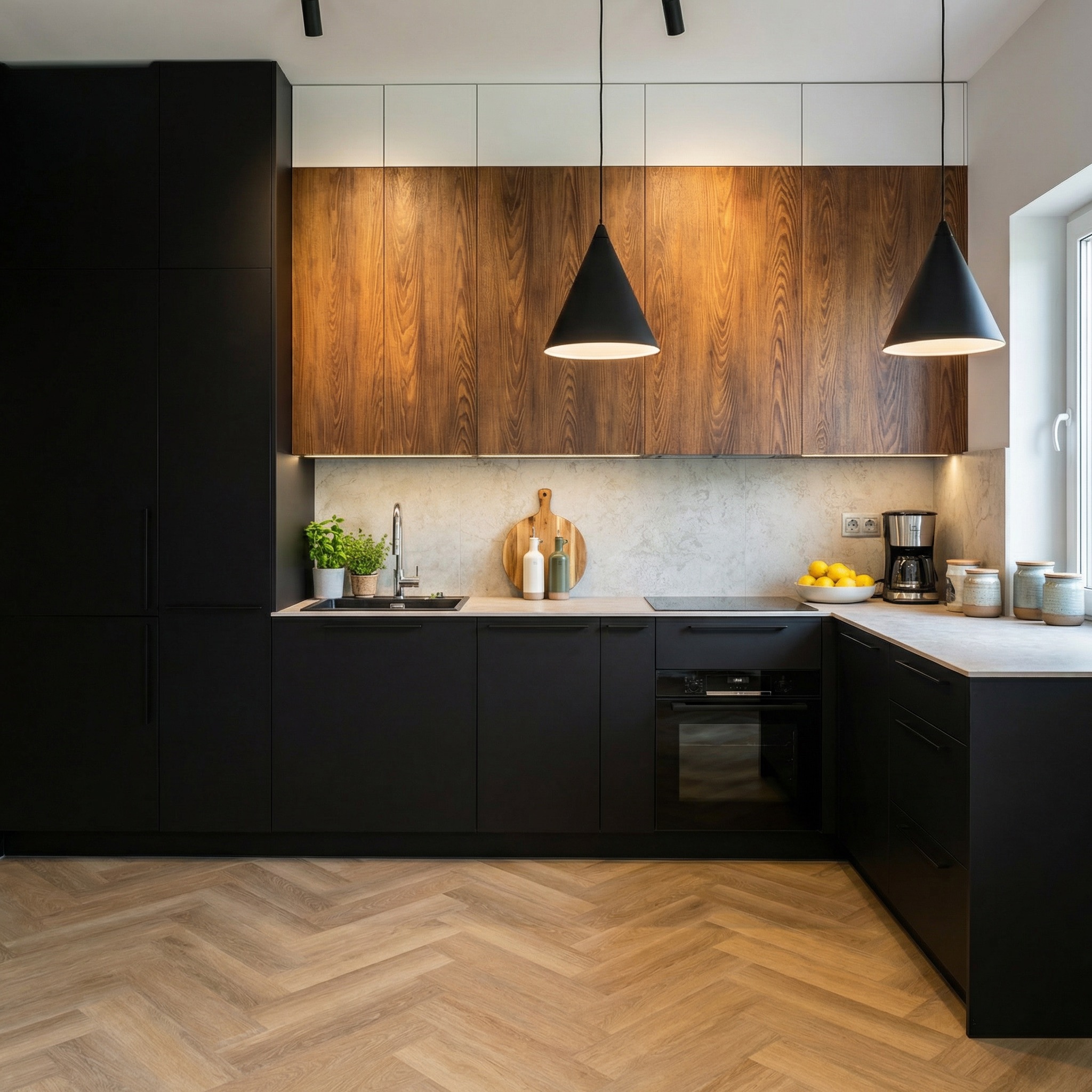 Nowoczesna kuchnia w czerni z drewnianymi akcentami. Uwagę przykuwają minimalistyczne lampy wiszące i parkiet ułożony w jodełkę. Na blacie akcesoria kuchenne.