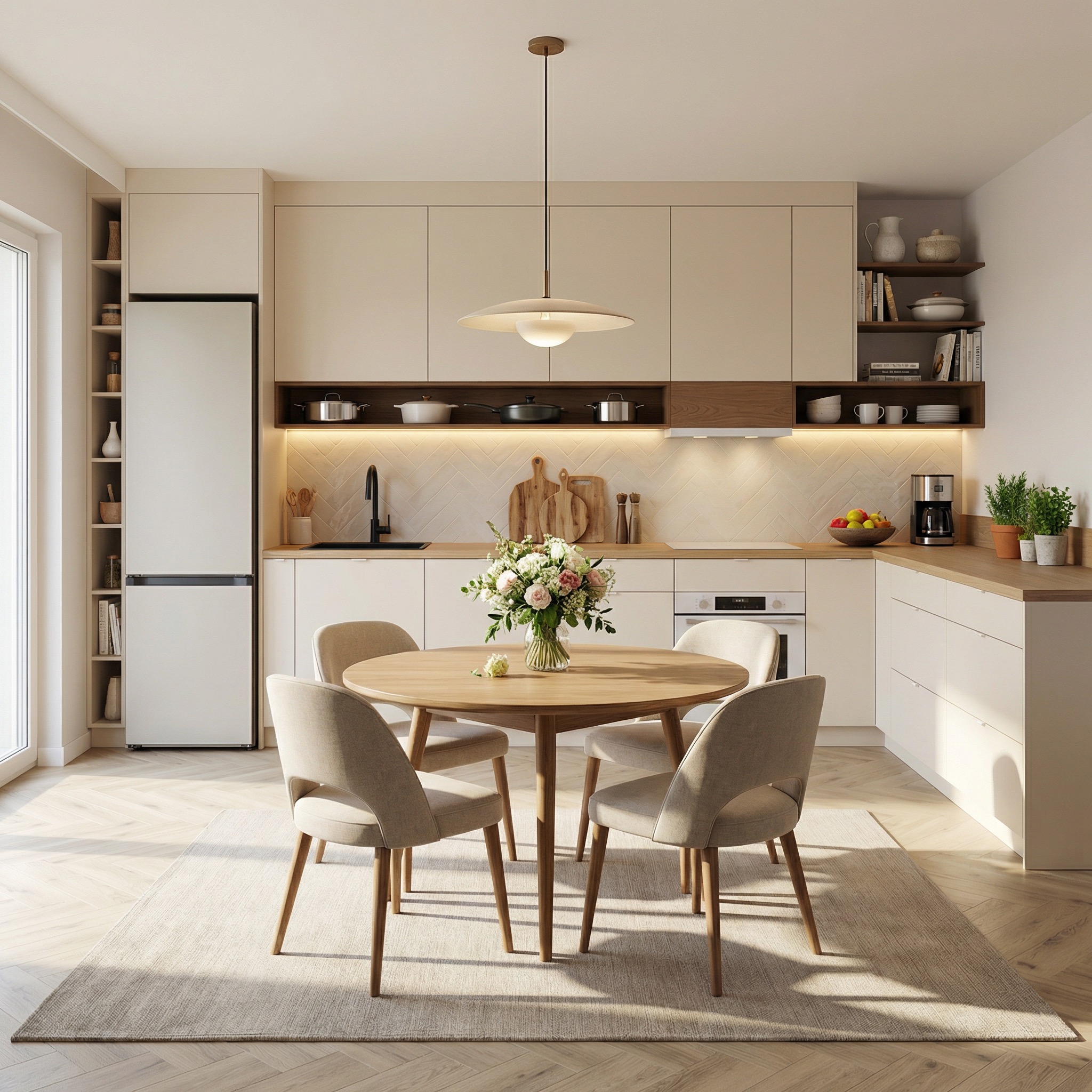 Jasna kuchnia z drewnianymi akcentami: okrągły stół z bukietem kwiatów, beżowe szafki, drewniane półki i blat, podłoga w jodełkę, dywan. Nowoczesny design.