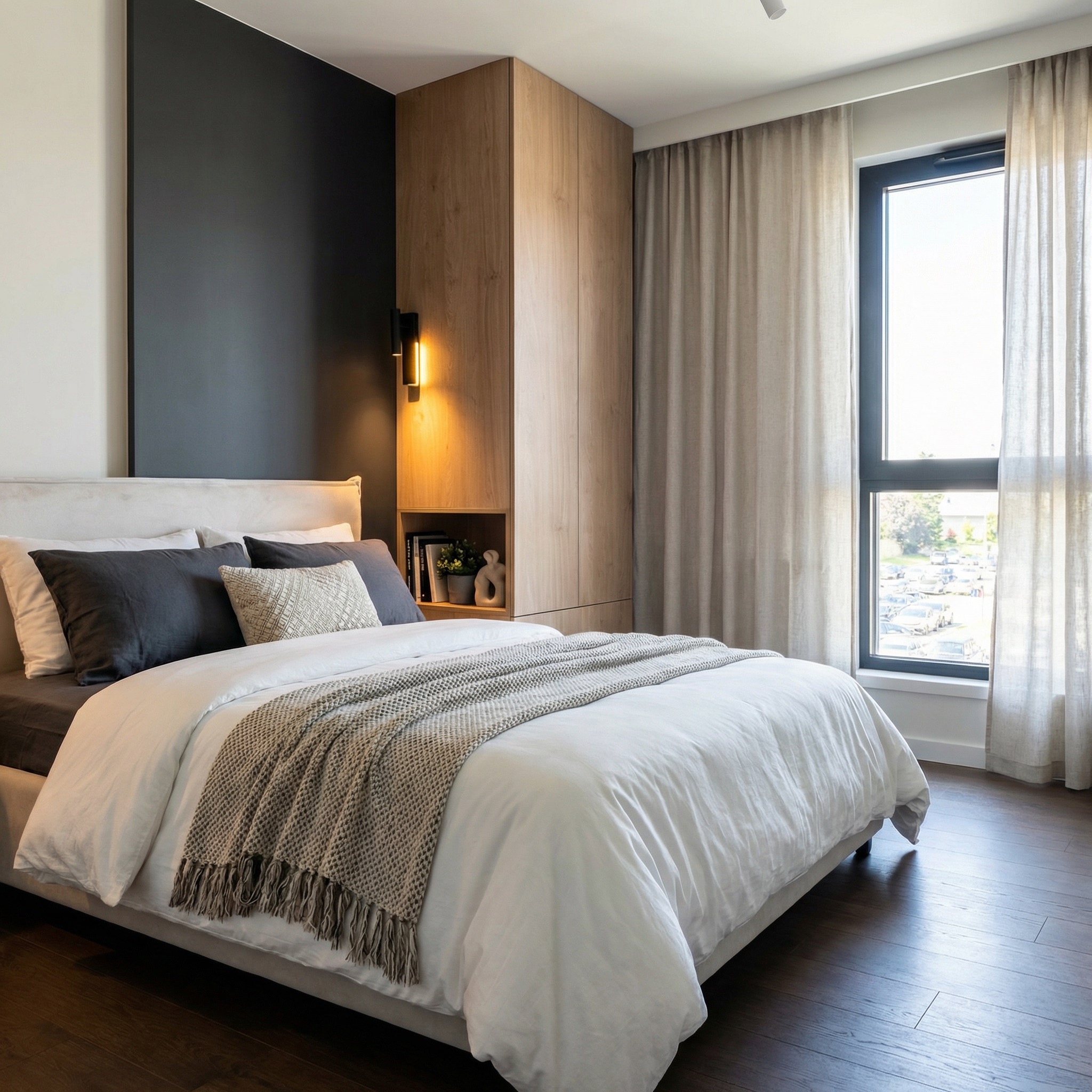 Nowoczesna sypialnia z drewnianą szafą wnękową z półkami, czarną ścianą za łóżkiem i dużym oknem z zasłonami. Minimalistyczny design, ciepłe oświetlenie.