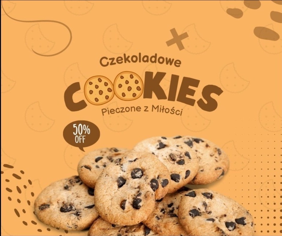 Grafika reklamowa czekoladowych ciasteczek z napisem 'Czekoladowe COOKIES Pieczone z Miłości' i informacją o 50% zniżce, na pomarańczowym tle z subtelnymi wzorami.