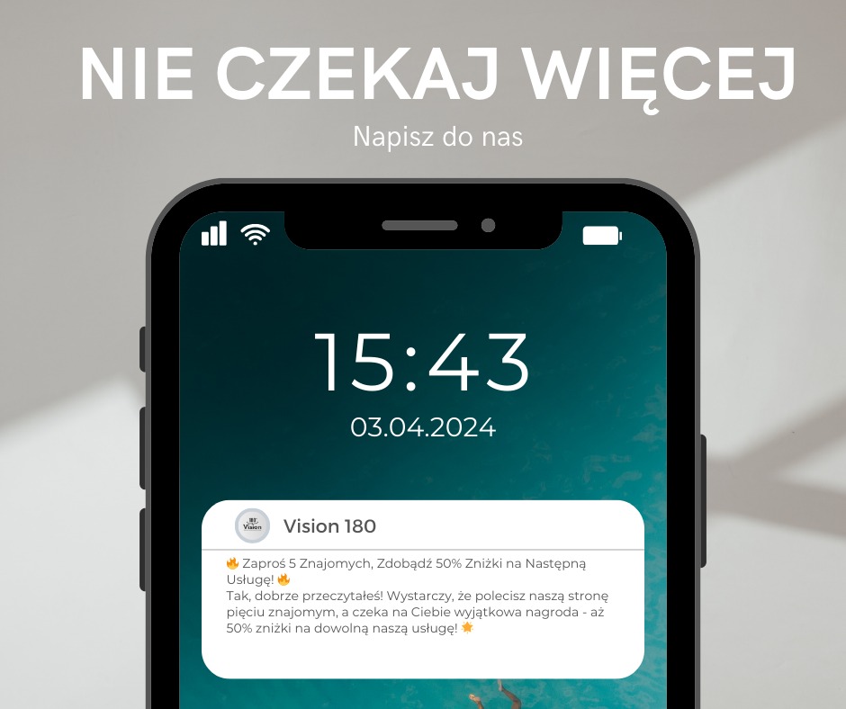 Smartfon z wyświetlonym powiadomieniem o promocji: Zaproś 5 znajomych, zdobądź 50% zniżki na następną usługę. Tekst 'Nie czekaj więcej' u góry ekranu.