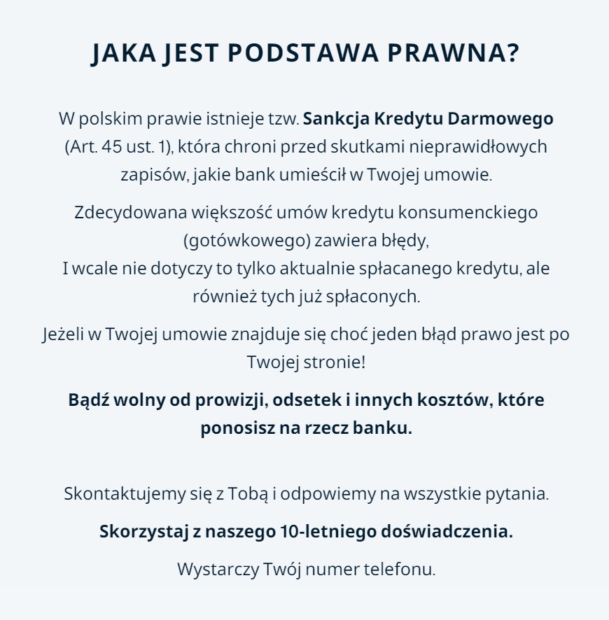 Tekst informacyjny o Sankcji Kredytu Darmowego, informujący o możliwości odzyskania prowizji, ubezpieczenia i odsetek z umów kredytowych konsumenckich zawierających błędy.