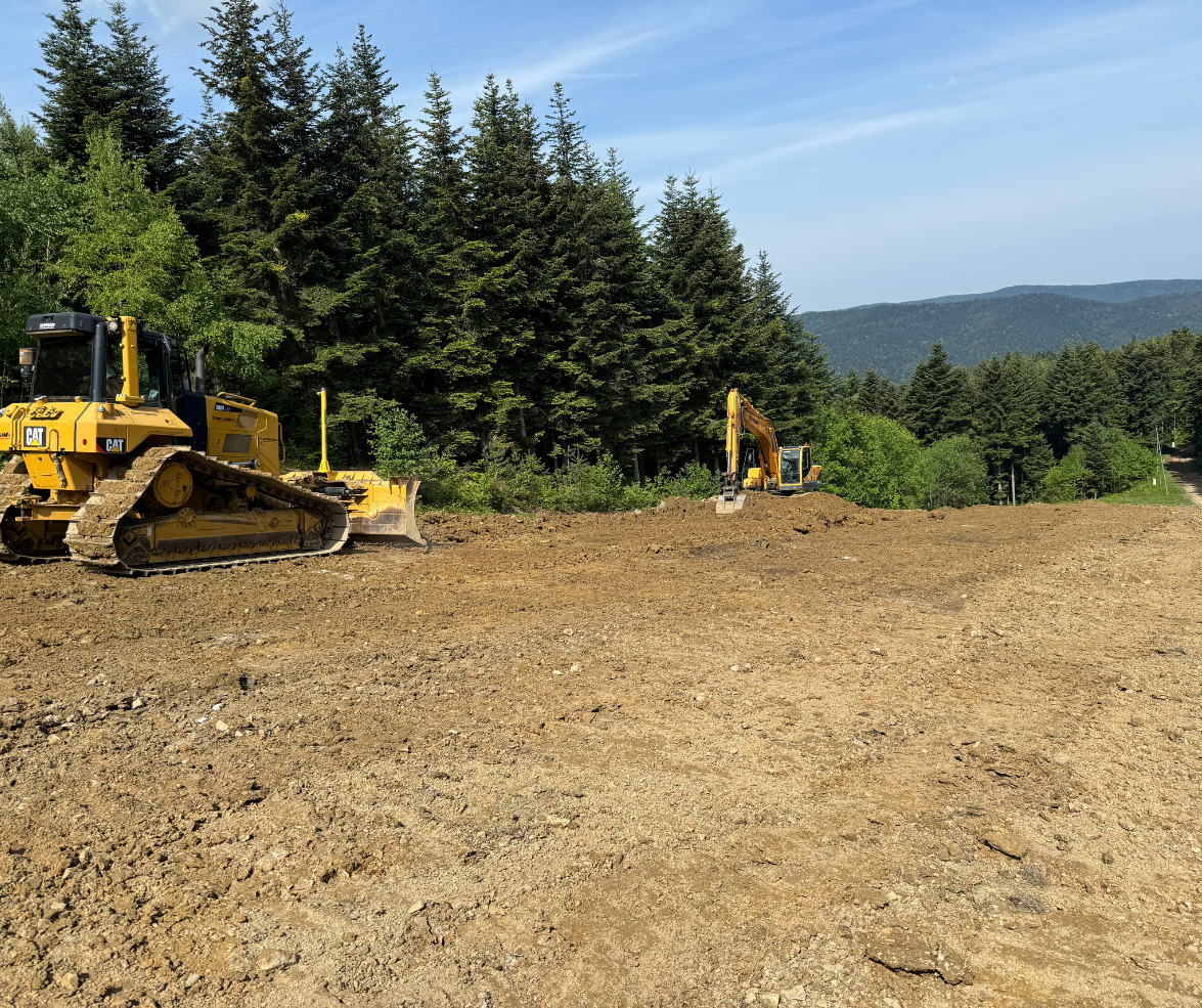 Żółty spychacz i koparka na wyrównanym terenie pod lasem iglastym, widoczne wzgórza w oddali.