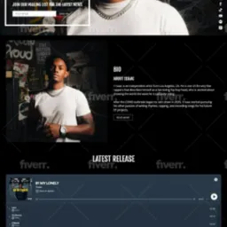 Strona internetowa artysty muzycznego 11SAAC, z wyraźnym nagłówkiem zawierającym logo, menu nawigacyjne, sekcję zapisu do newslettera, bio artysty, najnowsze wydawnictwo z odtwarzaczem audio...