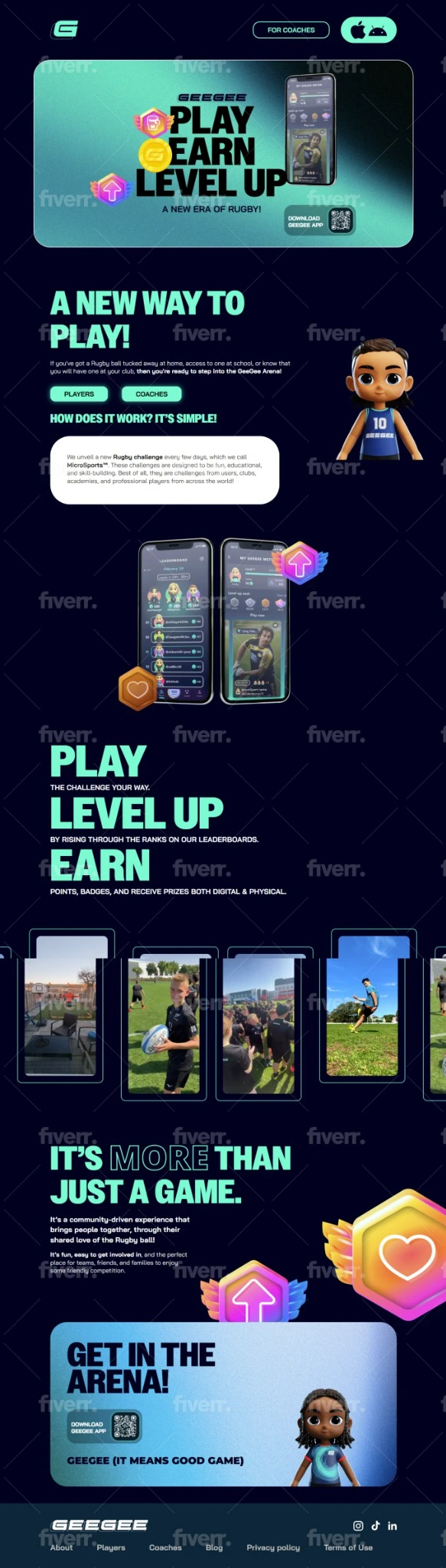 Promocyjna grafika aplikacji mobilnej GEEGEE dla fanów rugby, prezentująca hasła 'Play, Earn, Level Up', z wizualizacjami interfejsu aplikacji na smartfonach i zdjęciami graczy w akcji.