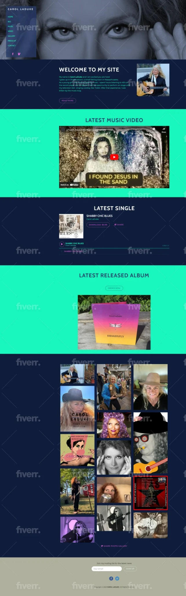 Strona internetowa muzyka Carol Laduke z sekcjami: Witaj na mojej stronie, Najnowszy teledysk, Najnowszy singiel, Najnowszy wydany album i galeria zdjęć.