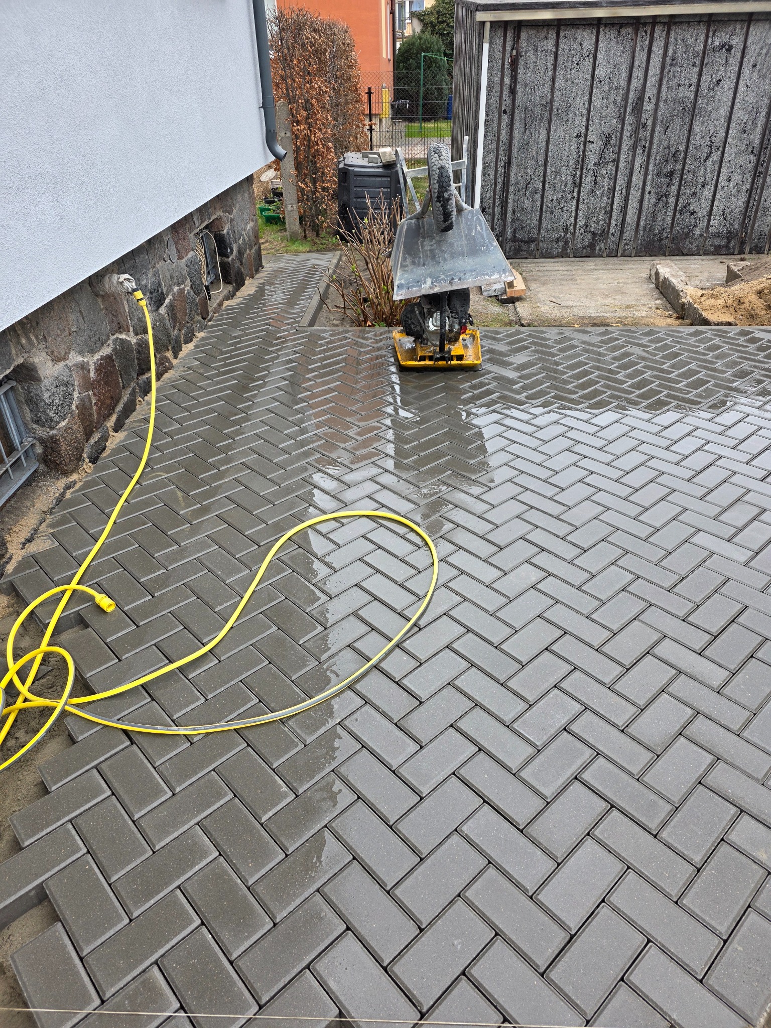 Świeżo ułożona, mokra kostka brukowa w szarym odcieniu, ułożona w jodełkę. W tle ubijarka i żółty wąż ogrodowy. Widoczne ślady piasku.