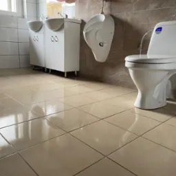 Widok z dołu na umywalki z szafkami, pisuar i toaletę w jasnej łazience wyłożonej beżowymi płytkami, z odbiciami na podłodze.