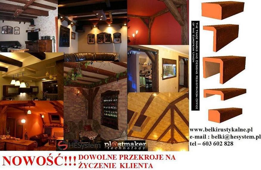 Kompozycja zdjęć przedstawiająca aranżacje wnętrz z wykorzystaniem belek rustykalnych drewnopodobnych, detale przekrojów belek i dane kontaktowe producenta.