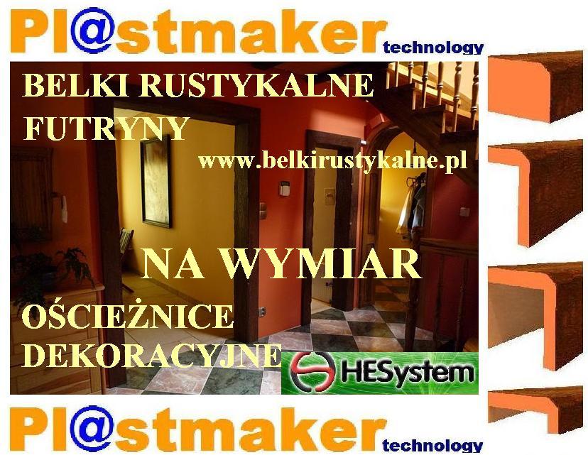 Rustykalne belki, futryny i ościeżnice drewnopodobne na wymiar, prezentacja w aranżacji wnętrza z widocznymi schodami i fragmentem korytarza.