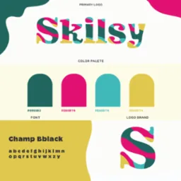 Grafika prezentująca logo 'Skilsy' z paletą kolorów (#096563, #E60D74) i fontem Champ Bblack; litera 'S' w logo wypełniona wzorem z tych samych kolorów.