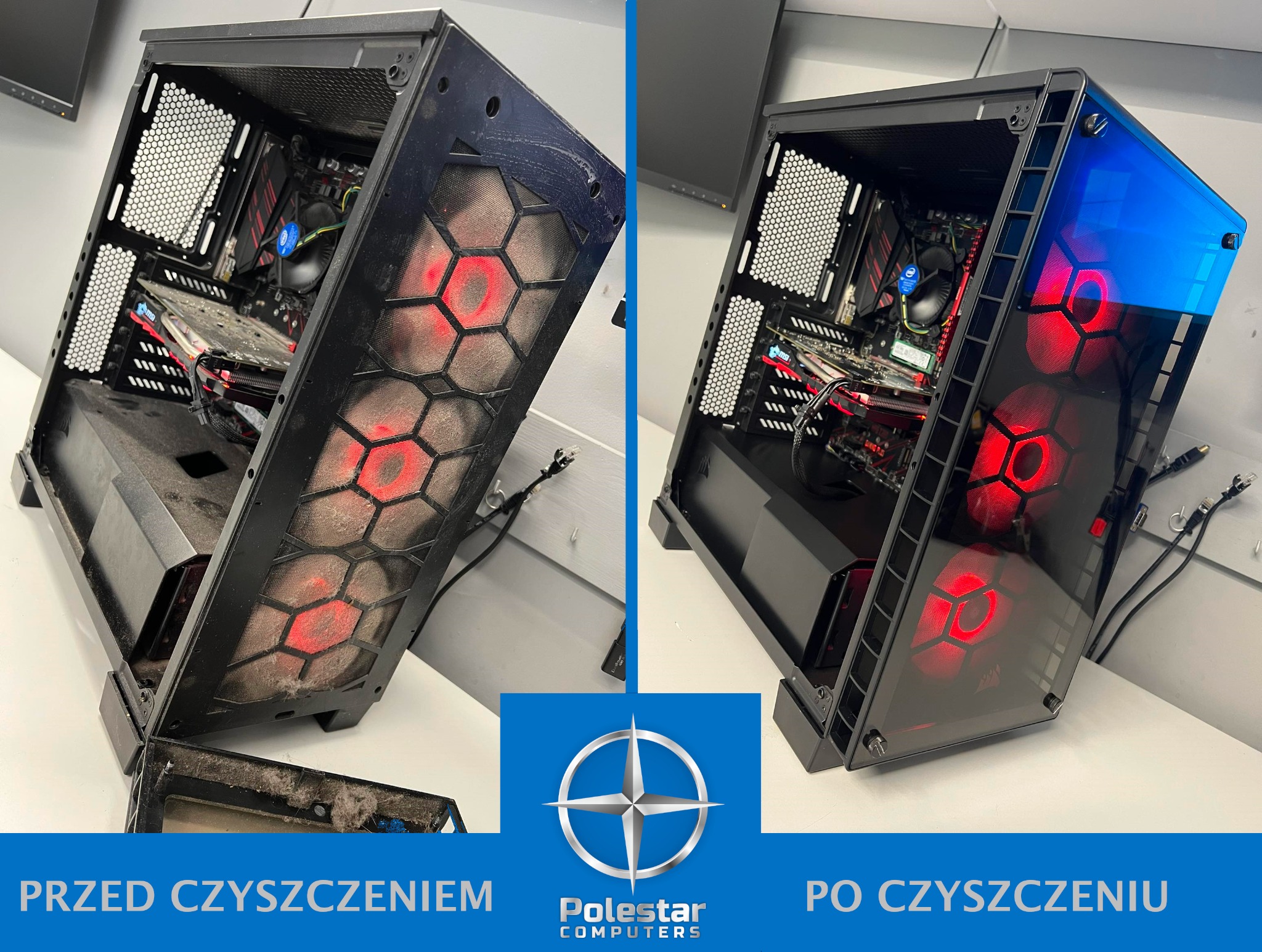Porównanie stanu komputera stacjonarnego przed i po czyszczeniu, widoczne zakurzone wnętrze i obudowa po lewej stronie oraz czysty komputer z podświetleniem RGB po prawej.
