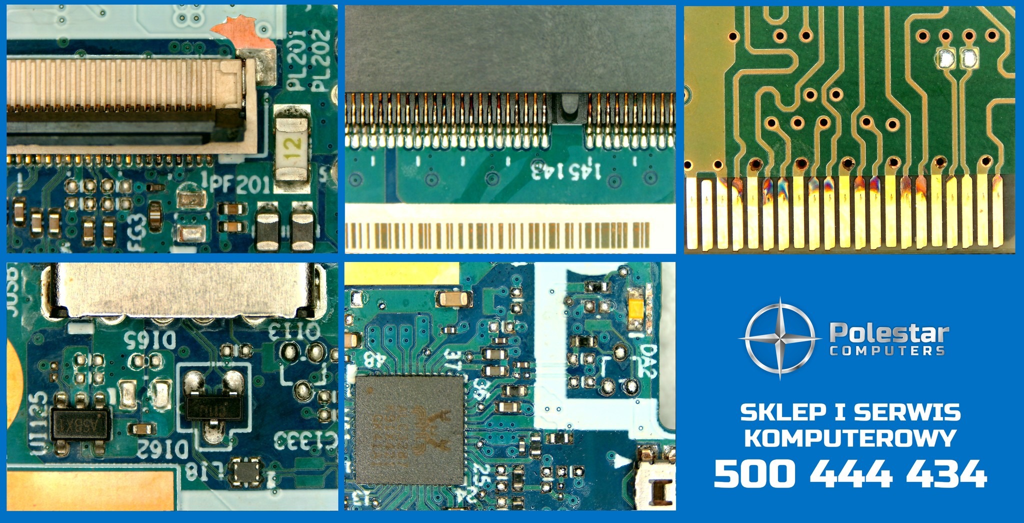 Zbliżenie na fragmenty płyty głównej laptopa z elementami elektronicznymi, prezentowane przez serwis komputerowy z Kadzidła. Widoczne złącza, układy scalone i ścieżki drukowane.