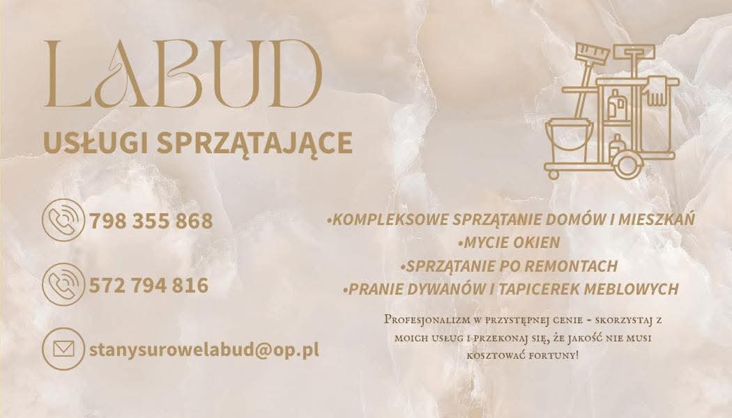 Elegancki baner firmy Labud oferującej usługi sprzątające: kompleksowe sprzątanie domów, mycie okien, sprzątanie po remontach i pranie dywanów. Złote napisy na marmurkowym tle.