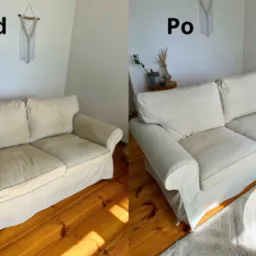 Dwuczęściowe ujęcie sofy w Szczawnie-Zdroju: po lewej stronie widok 'przed' z widocznymi plamami, po prawej stronie ten sam mebel po czyszczeniu, prezentujący odświeżony wygląd.