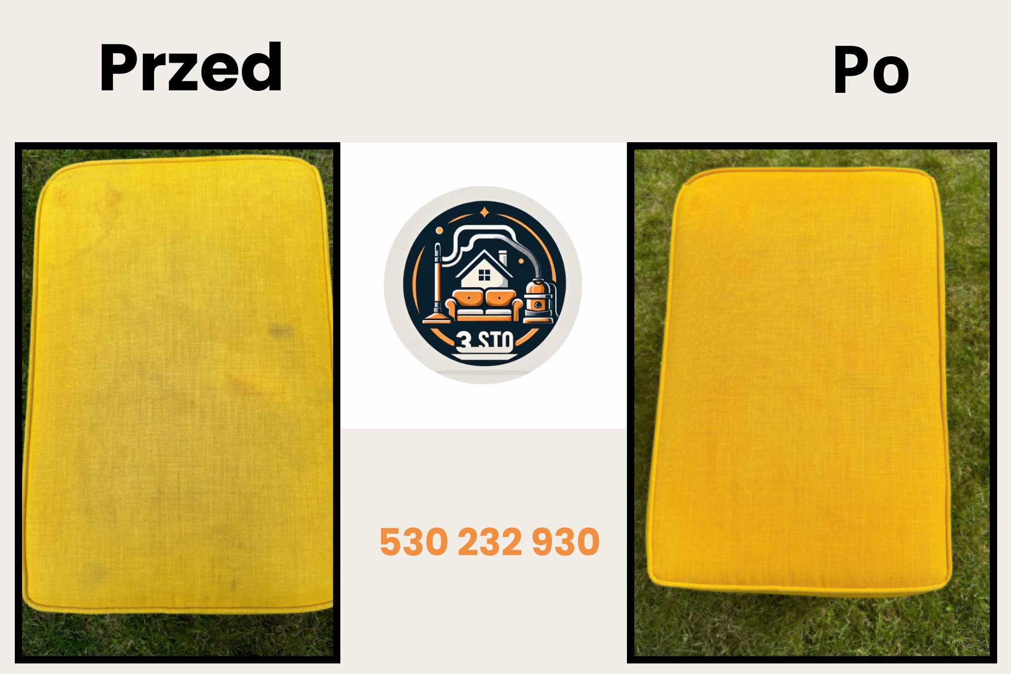 Żółte siedzisko krzesła tapicerowanego: widok przed i po czyszczeniu, z logo firmy pośrodku i numerem telefonu.