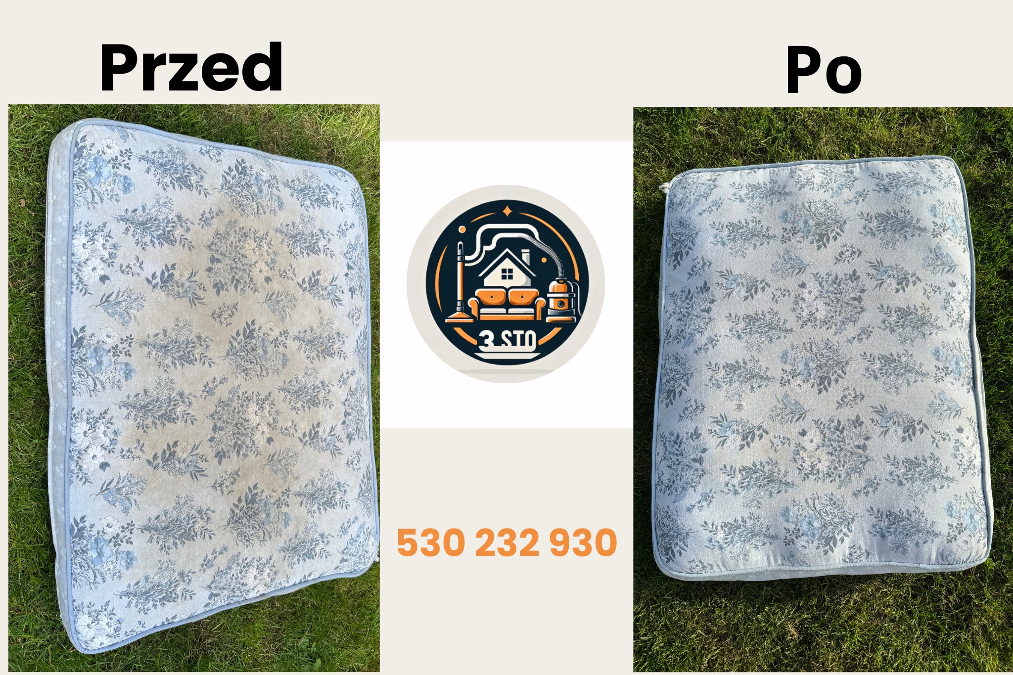 Poduszka dekoracyjna z kwiatowym wzorem, porównanie stanu przed i po czyszczeniu, z logo firmy i numerem telefonu na środku.