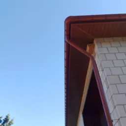 Fragment budynku z brązowym dachem i rynnami na tle błękitnego nieba. Widoczne białe bloczki i zielone drzewa. Ujęcie z dołu, podkreślające detale wykończenia dachu.