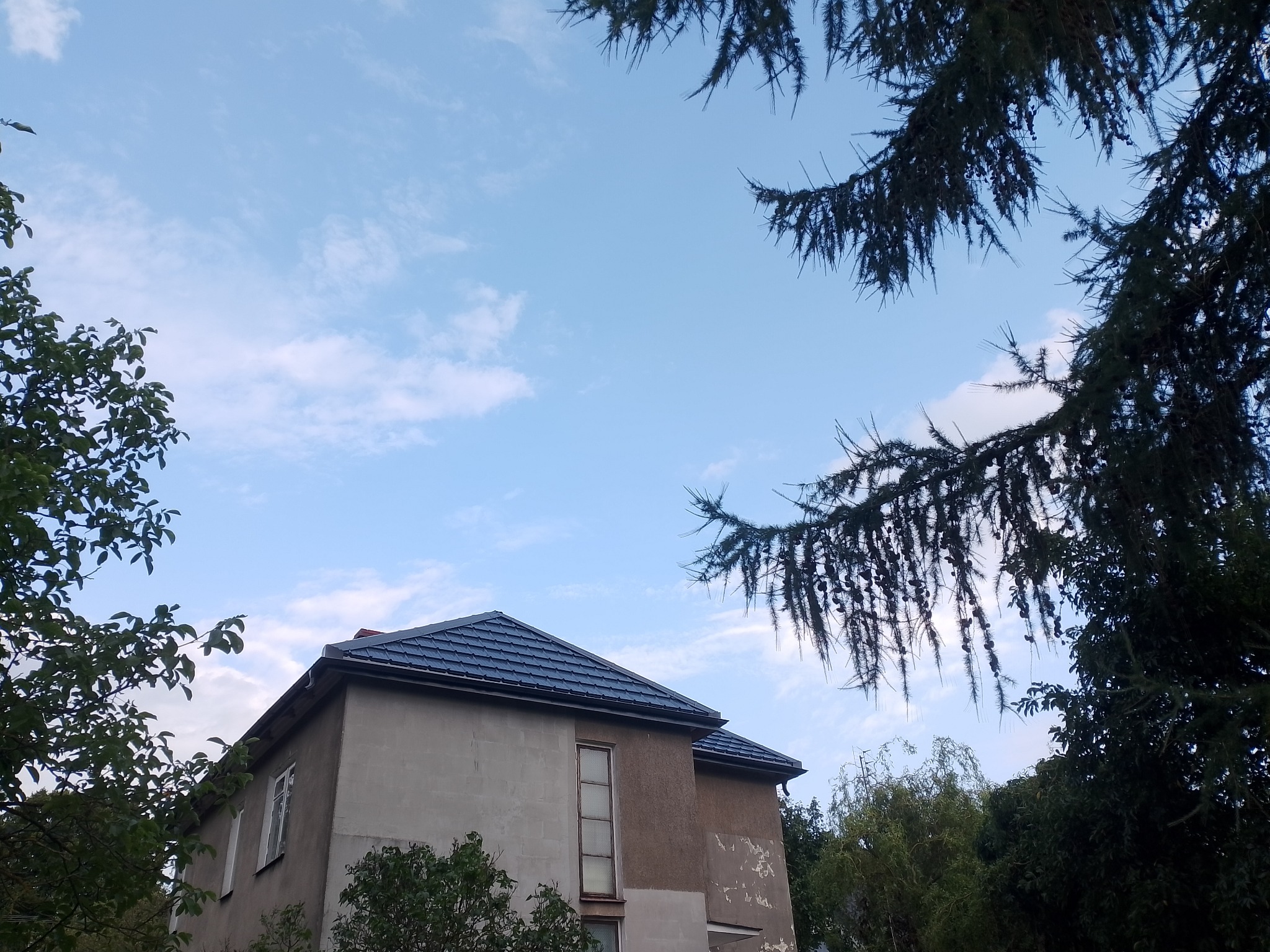 Dom z ciemnym dachem widziany z dołu na tle błękitnego nieba z drzewami po bokach, z wyraźnie widocznymi detalami pokrycia dachowego i obróbek blacharskich.