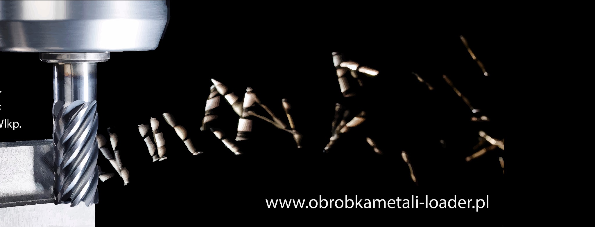 Frez walcowo-czołowy podczas obróbki skrawaniem, w tle ulotne wióry i adres strony internetowej