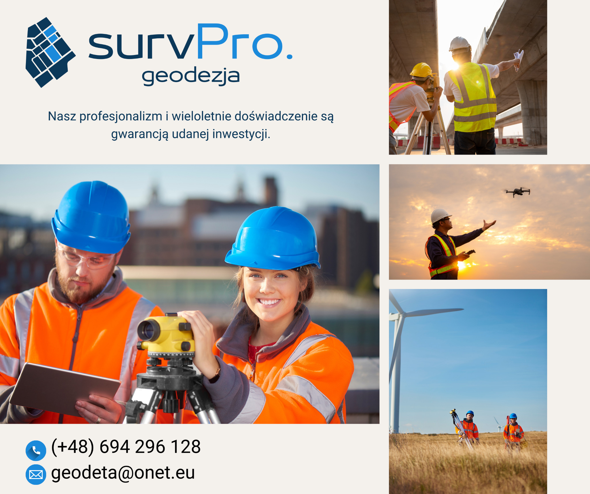 Geodeci w akcji: pomiary mostu, obsługa drona i turbin wiatrowych. Na pierwszym planie kobieta z niwelatorem i mężczyzna z tabletem.