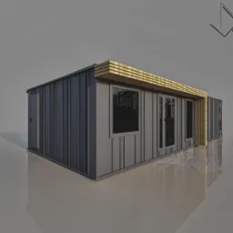 Wizualizacja modułowego biura z szarej blachy trapezowej i drewnianymi akcentami nad oknami i drzwiami, z widocznym logo firmy w prawym górnym rogu.