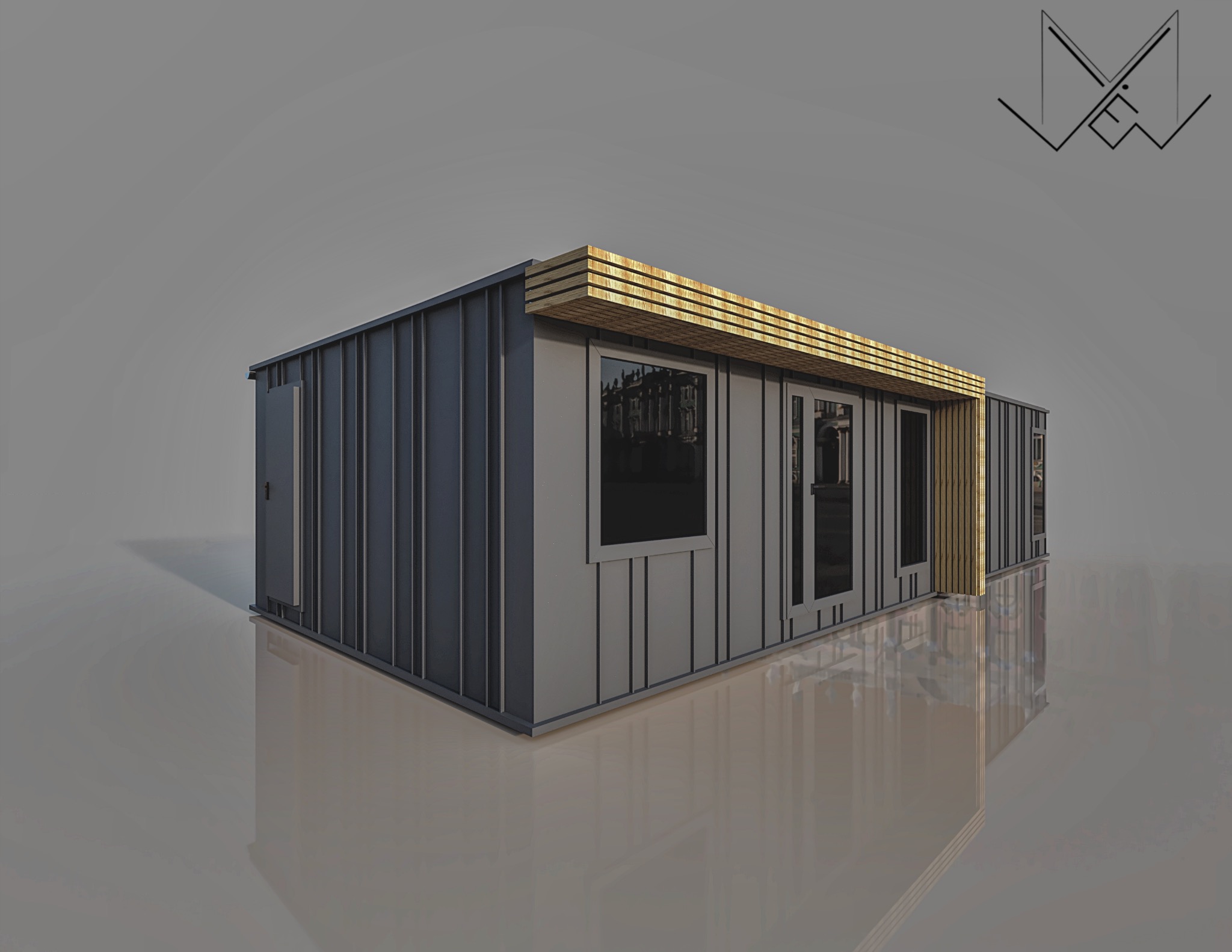 Wizualizacja modułowego biura z szarej blachy trapezowej i drewnianymi akcentami nad oknami i drzwiami, z widocznym logo firmy w prawym górnym rogu.