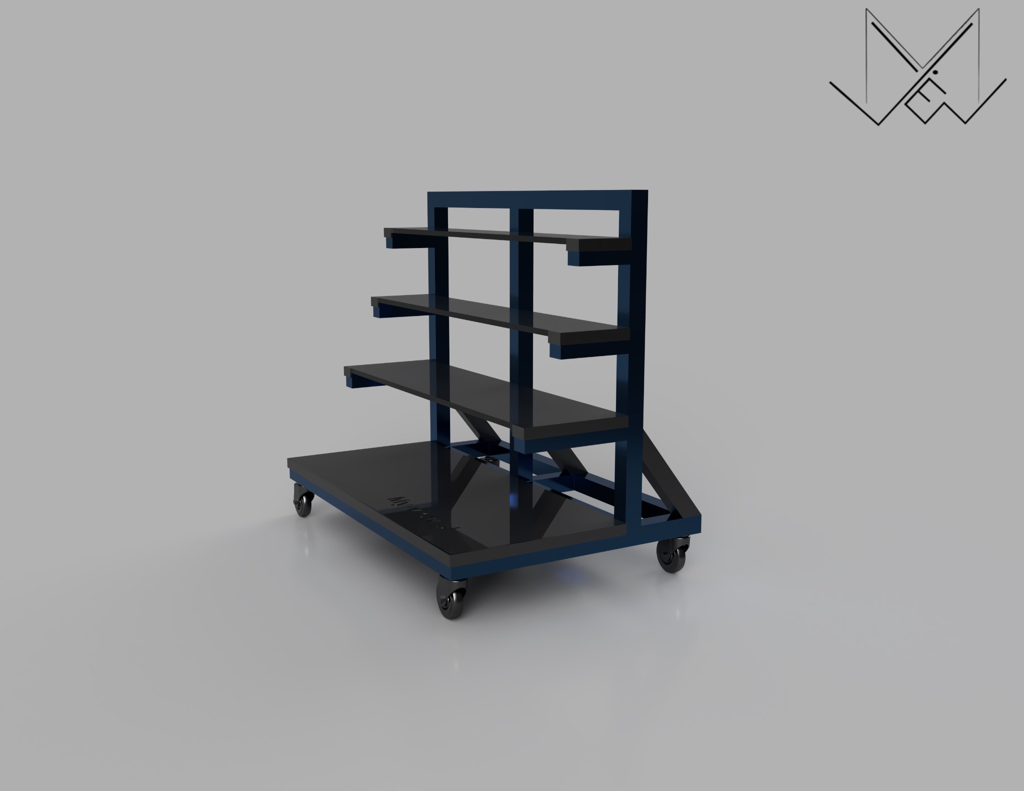 Wizualizacja 3D w kolorze granatowym przedstawia mobilny regał sklepowy z czterema półkami, umieszczony na szarym tle z widocznym logo w prawym górnym rogu.