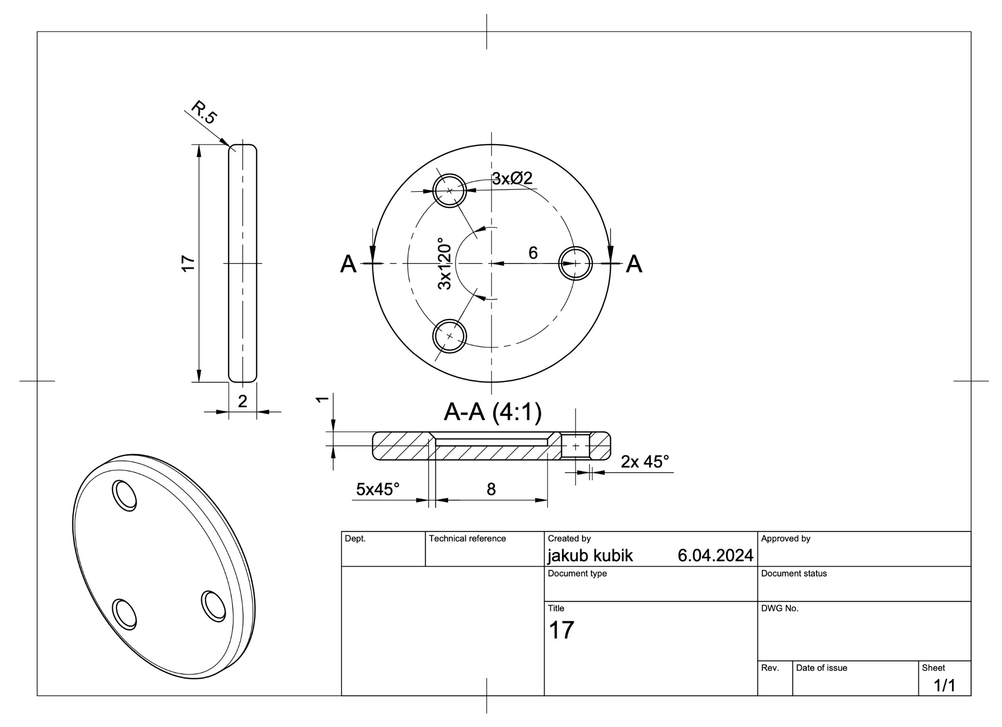 Rzut techniczny okrągłego elementu z trzema otworami, wykonany w programie CAD, z wymiarami i przekrojem, stworzony przez firmę z Lusławic.