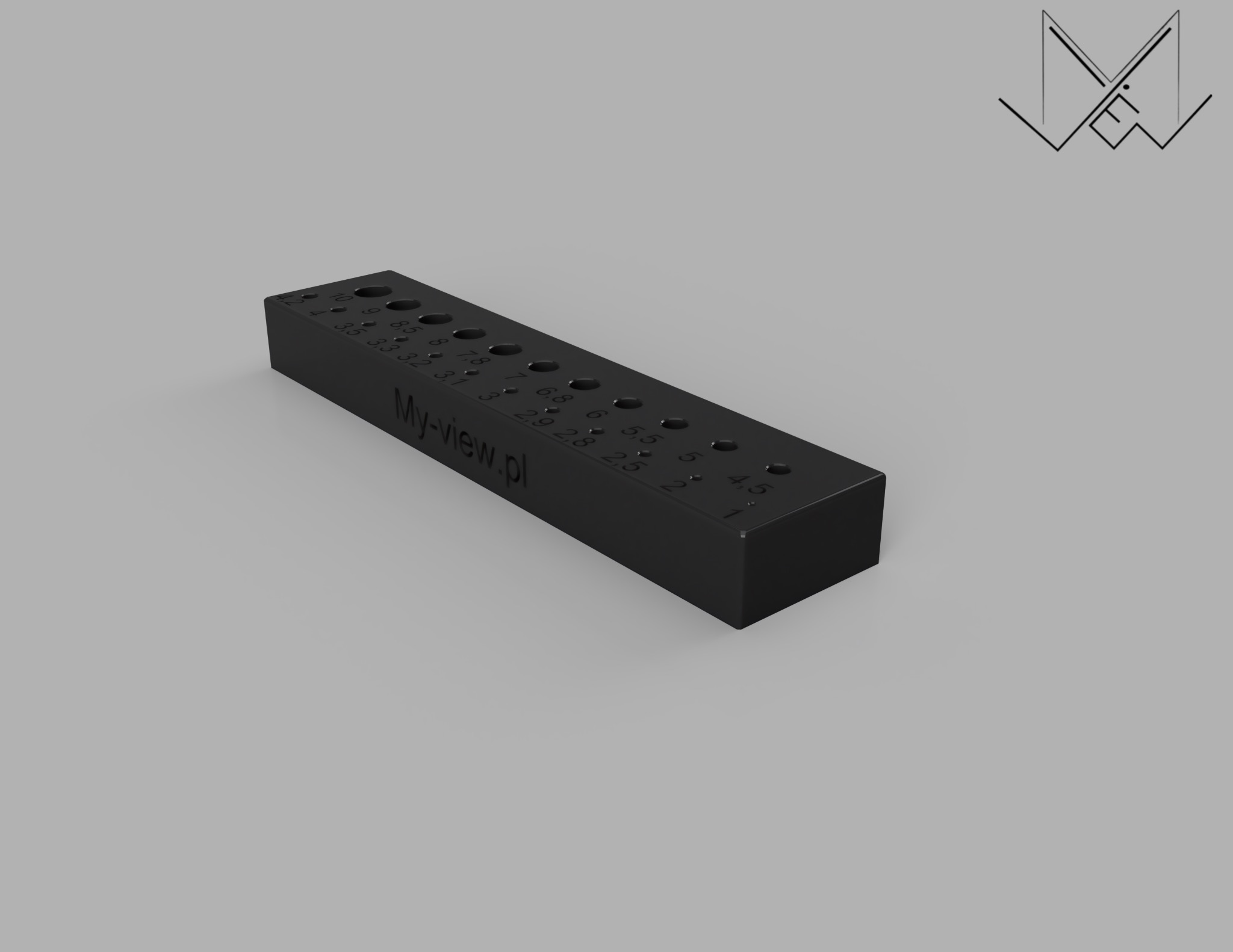 Czarny, prostokątny blok z otworami o różnych średnicach, oznaczonych numerami od 1 do 10.2, z napisem 'My-view.pl' na boku, prezentowany na szarym tle.