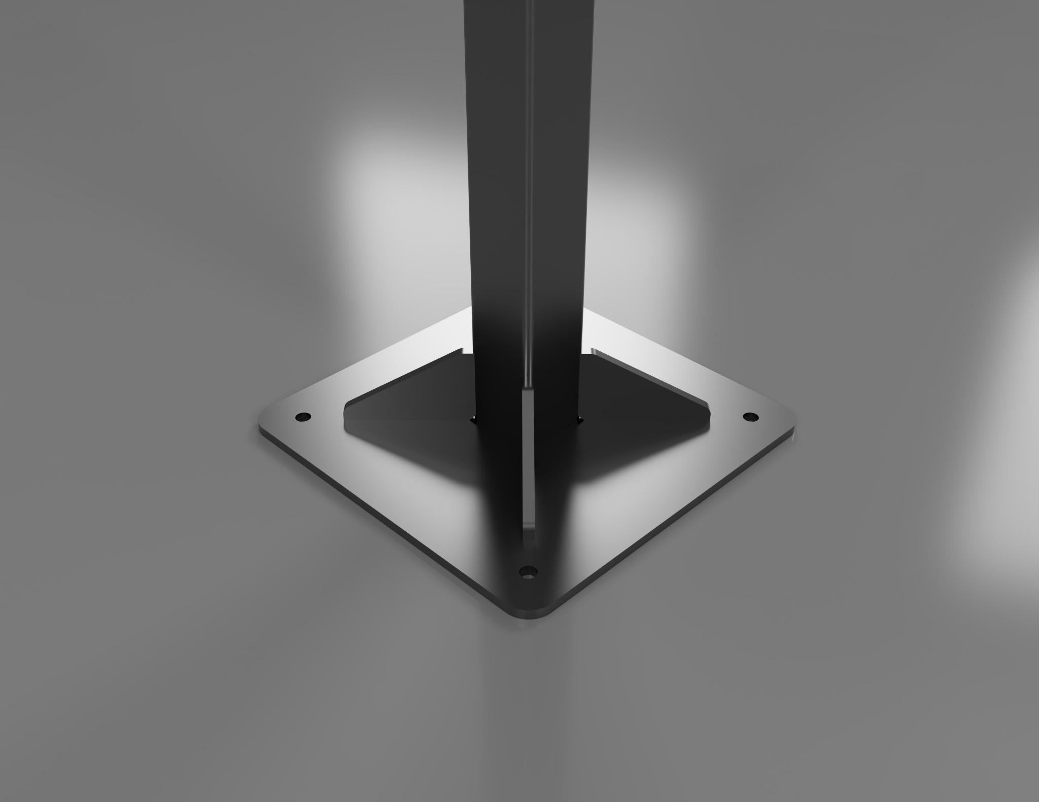 Metalowa podstawa konstrukcji, czarna, kwadratowa, z otworami na śruby, render 3D na szarym tle.