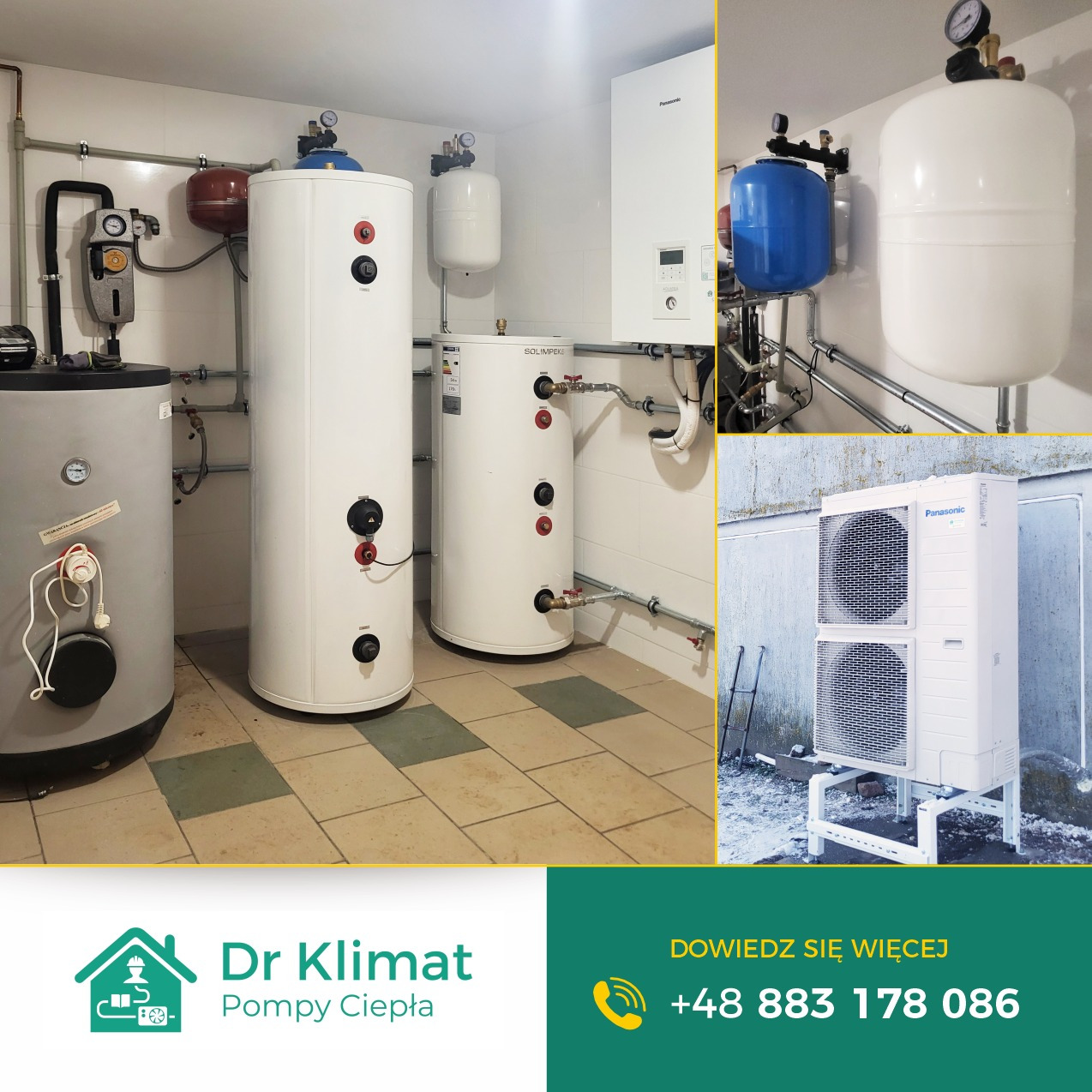 Instalacja pomp ciepła: zbiorniki buforowe w kotłowni i zewnętrzna jednostka Panasonic Aquarea. Widoczne rury i osprzęt. W tle jasne płytki.